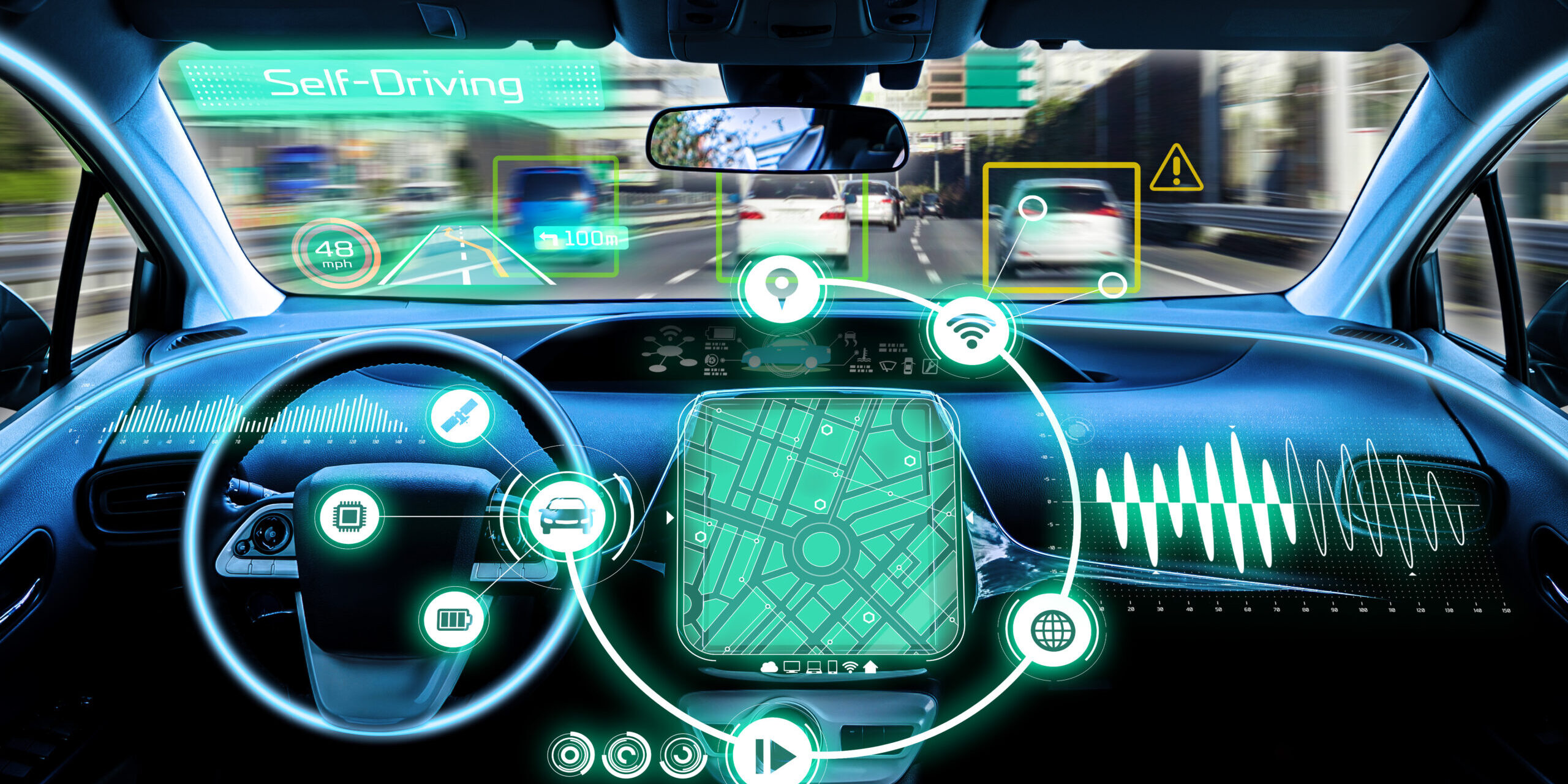cockpit of autonomous car. self driving vehicle.